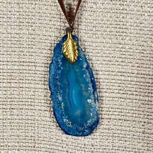 Vintage Blue Agate Oval Necklace Brown Ribbon Lobster Claw Clasp Handcrafted NEW